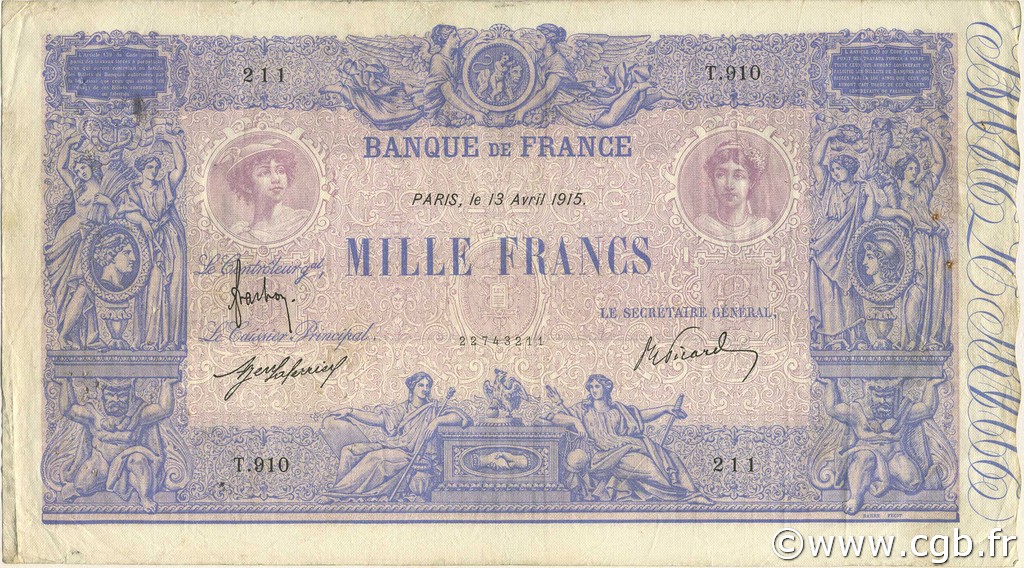 1000 Francs BLEU ET ROSE FRANCIA  1915 F.36.29 q.BB
