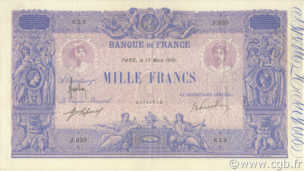1000 Francs BLEU ET ROSE FRANCIA  1916 F.36.30 MBC+