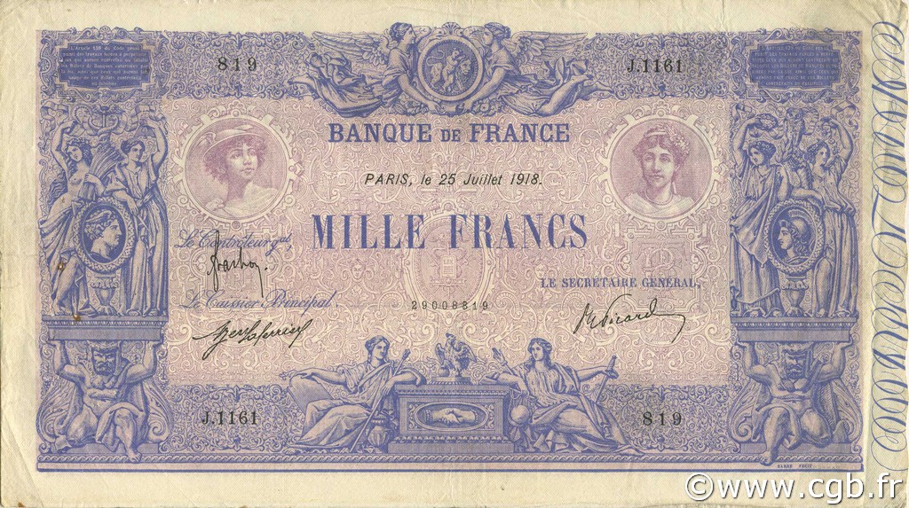 1000 Francs BLEU ET ROSE FRANCIA  1918 F.36.32 BC a MBC