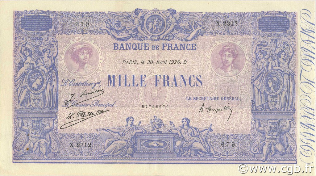 1000 Francs BLEU ET ROSE FRANCIA  1926 F.36.42 MBC+