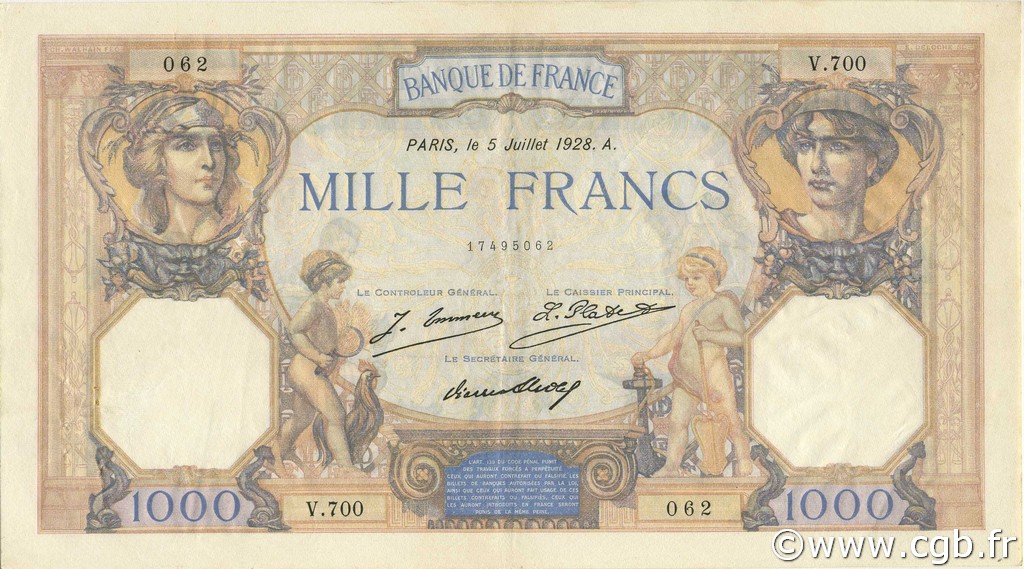 1000 Francs CÉRÈS ET MERCURE FRANCE  1928 F.37.02 XF