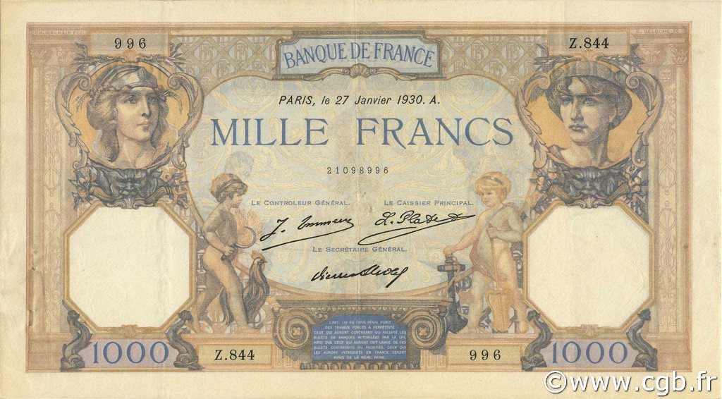 1000 Francs CÉRÈS ET MERCURE FRANKREICH  1930 F.37.04 SS to VZ
