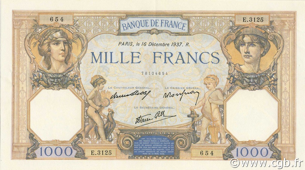 1000 Francs CÉRÈS ET MERCURE type modifié FRANCIA  1937 F.38.07 EBC a SC