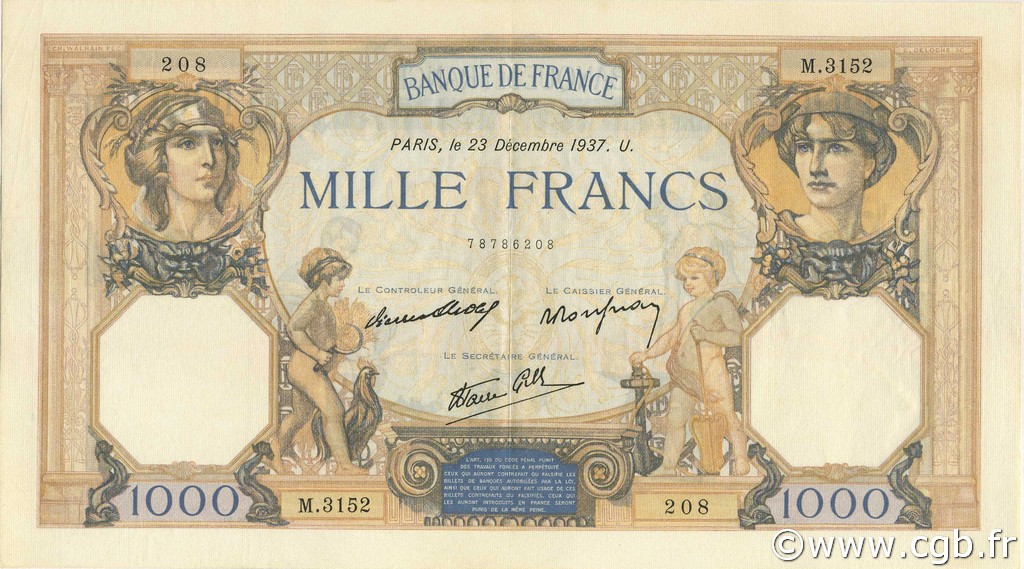 1000 Francs CÉRÈS ET MERCURE type modifié FRANCE  1937 F.38.07 XF