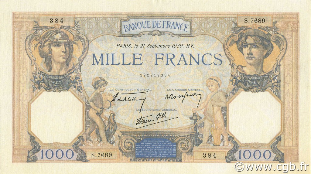 1000 Francs CÉRÈS ET MERCURE type modifié FRANCE  1939 F.38.37 AU