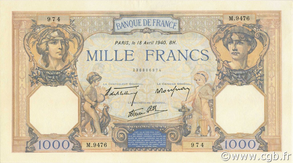 1000 Francs CÉRÈS ET MERCURE type modifié FRANCE  1940 F.38.46 UNC-
