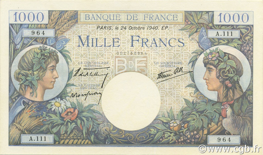 1000 Francs COMMERCE ET INDUSTRIE FRANCE  1940 F.39.01 SPL+