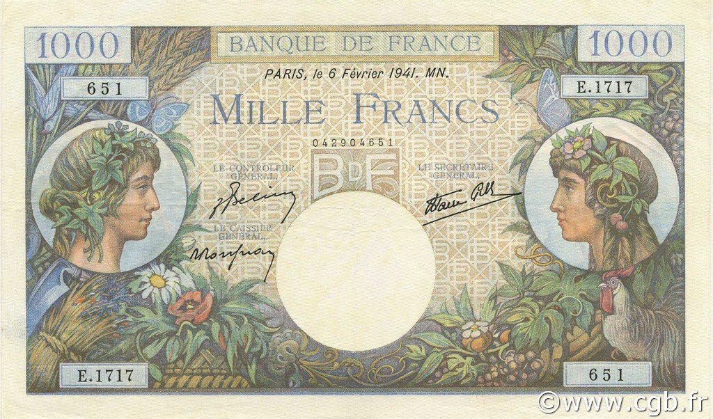 1000 Francs COMMERCE ET INDUSTRIE FRANKREICH  1941 F.39.04 fVZ