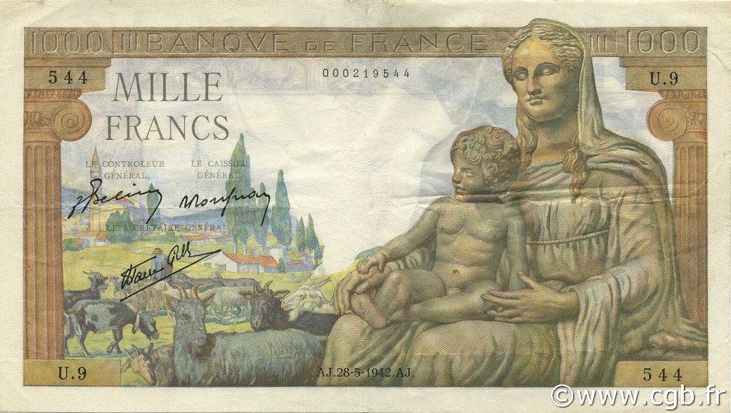 1000 Francs DÉESSE DÉMÉTER Petit numéro FRANCIA  1942 F.40.01 MBC+