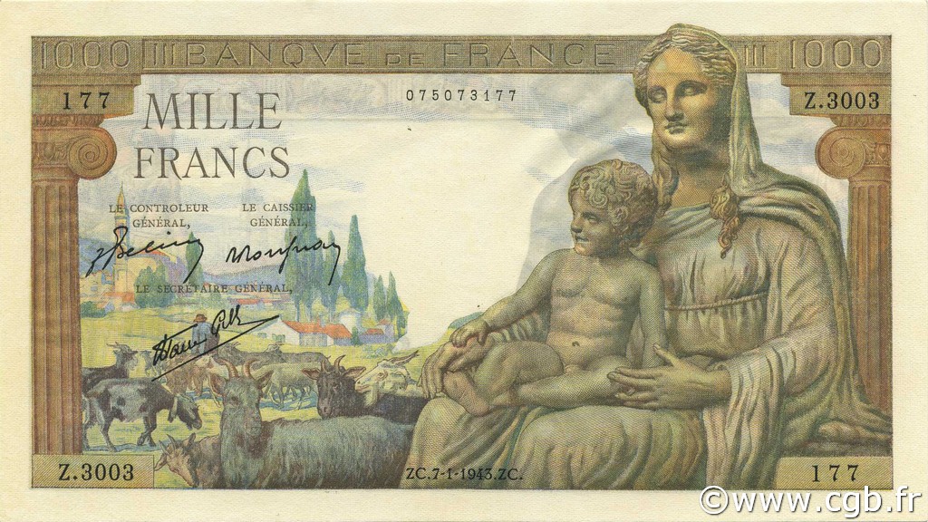 1000 Francs DÉESSE DÉMÉTER FRANCIA  1943 F.40.15 FDC