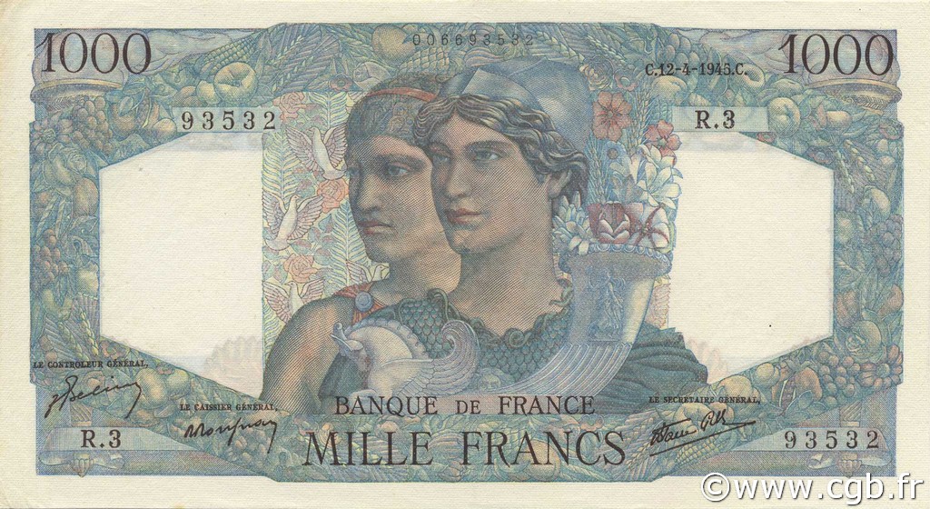 1000 Francs MINERVE ET HERCULE FRANCE  1945 F.41.01 SUP+