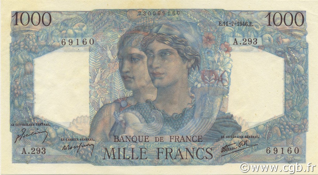 1000 Francs MINERVE ET HERCULE FRANCE  1946 F.41.15 UNC-