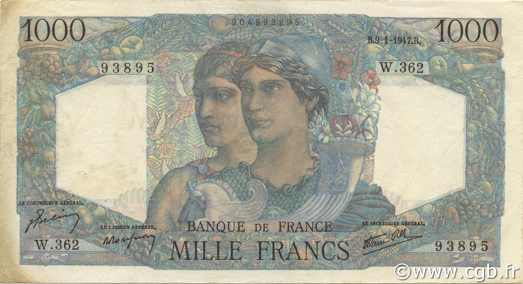 1000 Francs MINERVE ET HERCULE FRANCE  1947 F.41.18 XF-