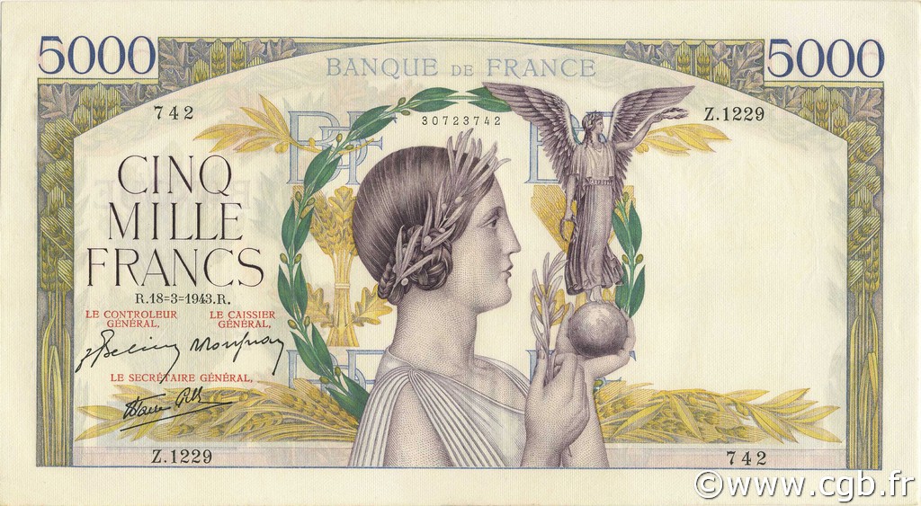 5000 Francs VICTOIRE Impression à plat FRANCE  1943 F.46.49 AU
