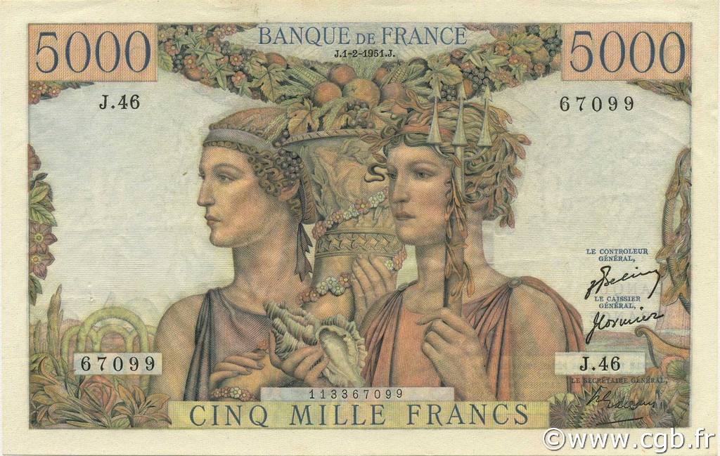 5000 Francs TERRE ET MER FRANKREICH  1951 F.48.03 SS to VZ