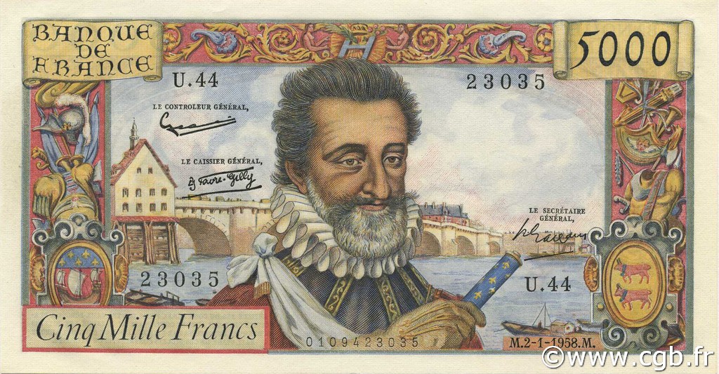 5000 Francs HENRI IV FRANCE  1958 F.49.05 AU