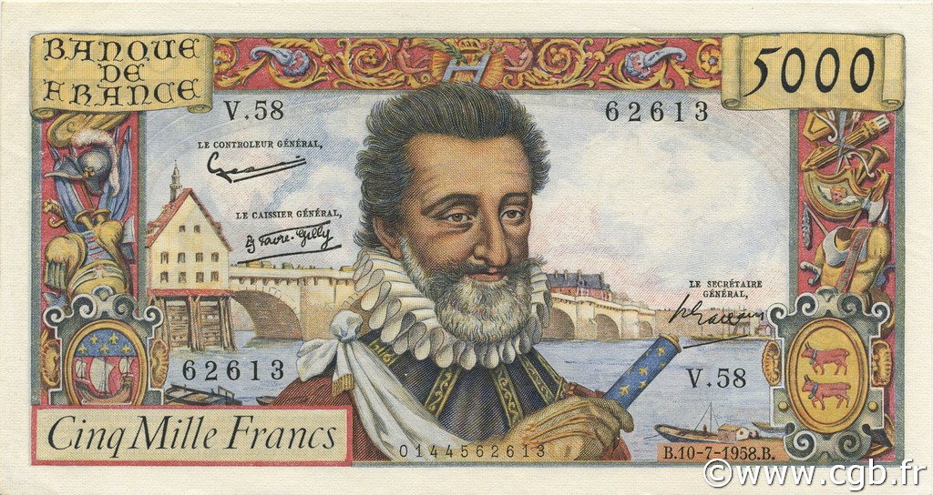 5000 Francs HENRI IV FRANCE  1958 F.49.07 AU-