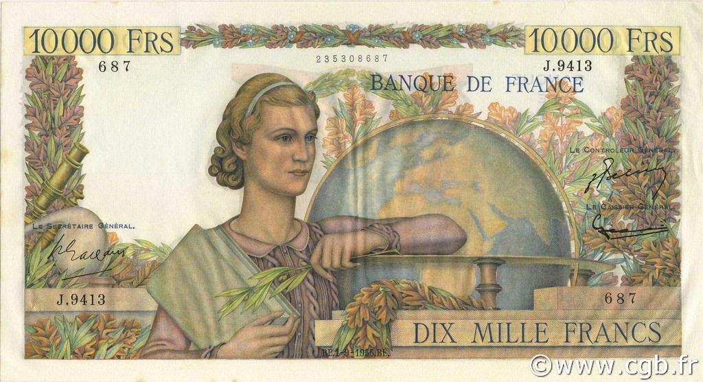 10000 Francs GÉNIE FRANÇAIS FRANKREICH  1955 F.50.76 VZ to fST