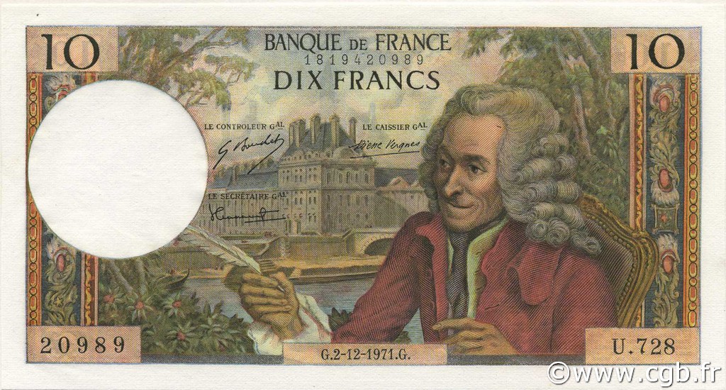 10 Francs VOLTAIRE FRANCIA  1971 F.62.53 q.FDC