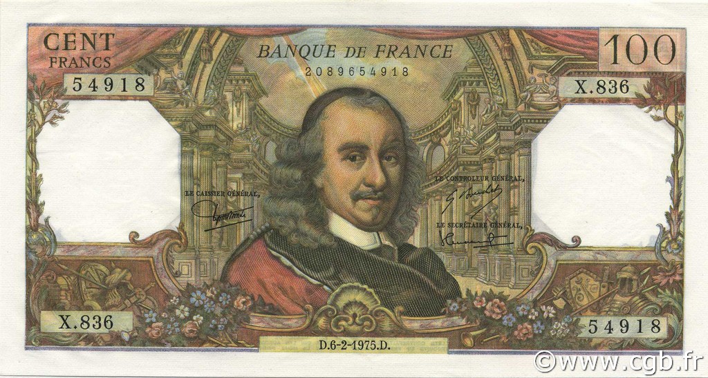 100 Francs CORNEILLE FRANCIA  1975 F.65.48 SC+