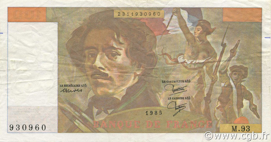 100 Francs DELACROIX modifié Fauté FRANCIA  1985 F.69.09 BC+
