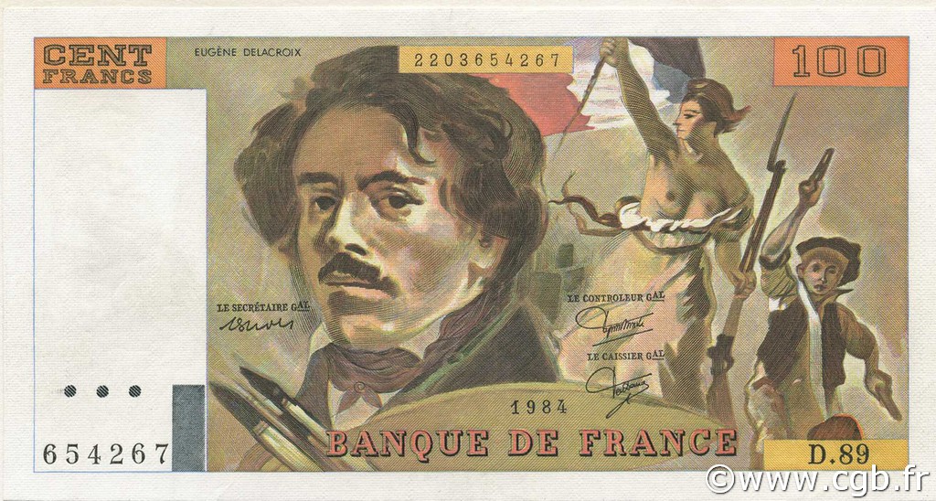 100 Francs DELACROIX  UNIFACE FRANCE  1984 F.69U.08 AU
