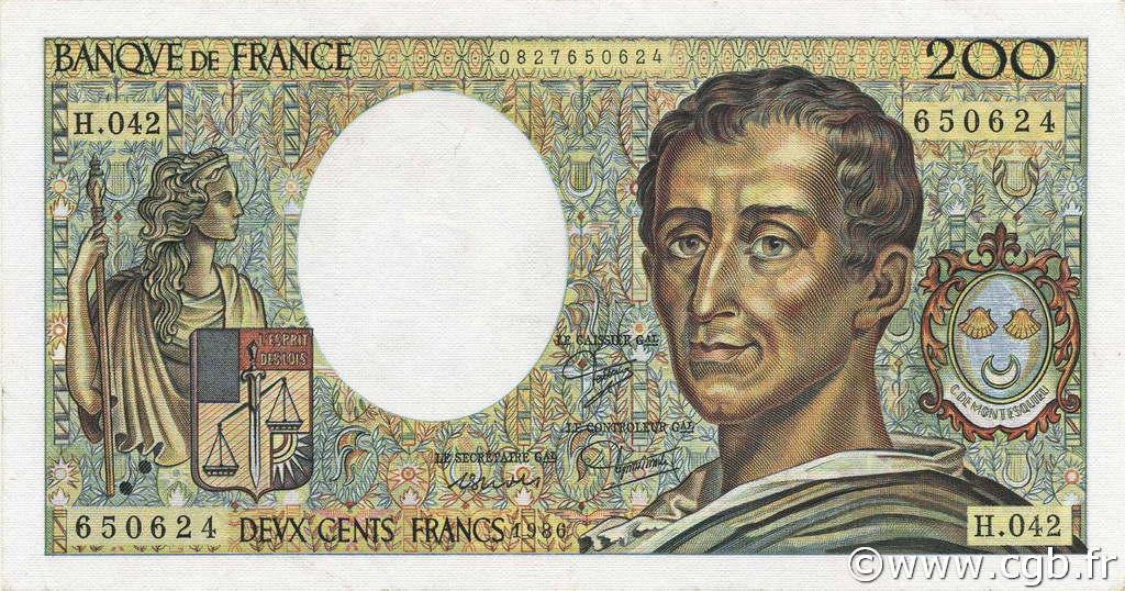 200 Francs MONTESQUIEU FRANCE  1986 F.70.06 XF