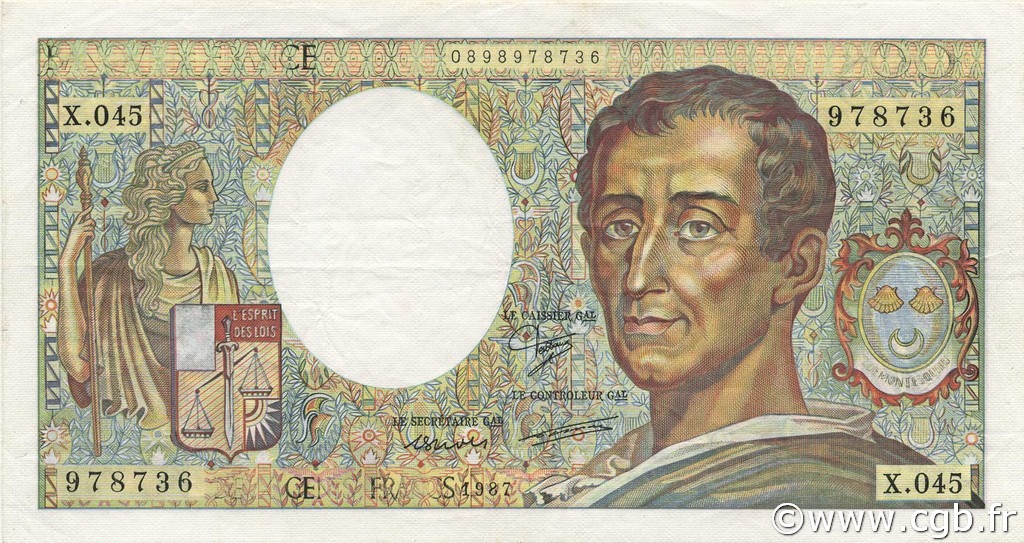 200 Francs MONTESQUIEU FRANCIA  1987 F.70.07 MBC