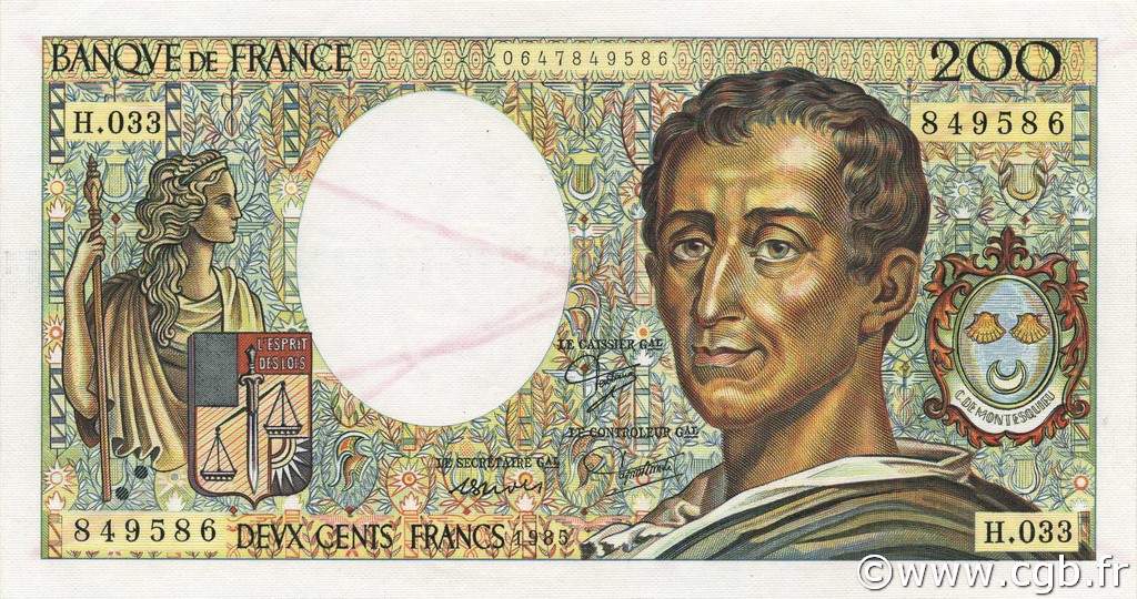 200 Francs MONTESQUIEU UNIFACE FRANCE  1986 F.70U.05 UNC-