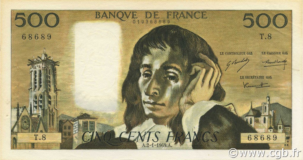 500 Francs PASCAL FRANKREICH  1969 F.71.03 VZ+