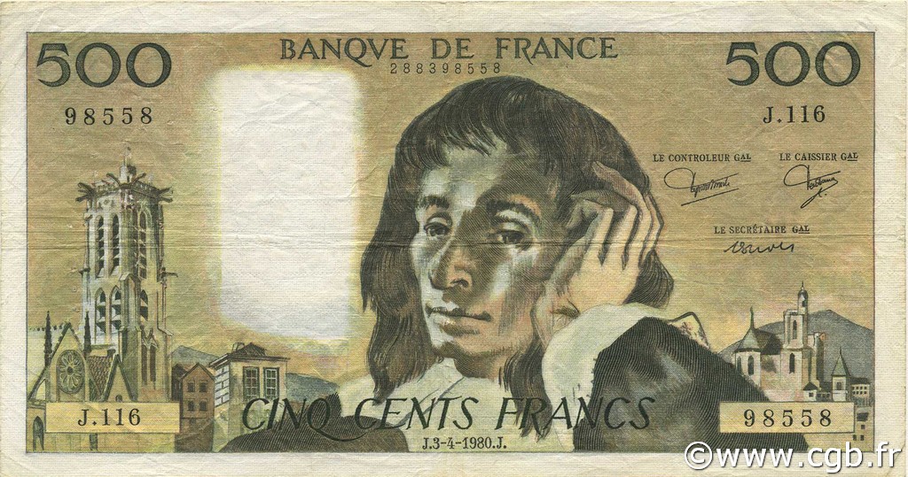 500 Francs PASCAL FRANCE  1980 F.71.21 F