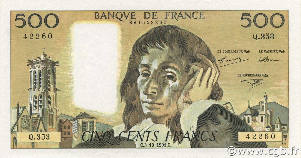 500 Francs PASCAL UNIFACE FRANCIA  1991 F.71U.48 SC+