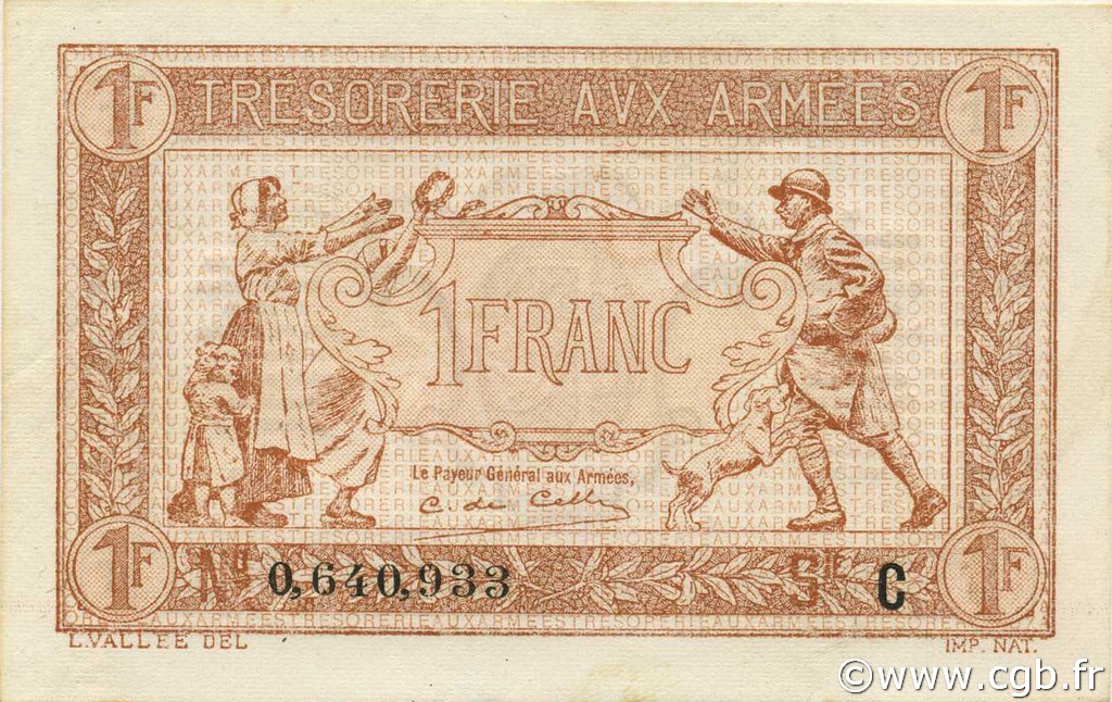 1 Franc TRÉSORERIE AUX ARMÉES 1917 FRANCE  1917 VF.03.03 UNC
