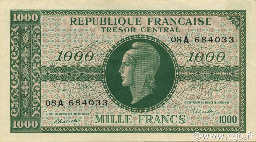 1000 Francs chiffres gras FRANCE  1945 VF.12.01 XF+