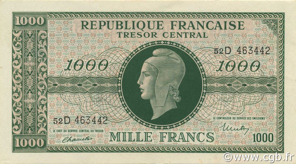 1000 Francs MARIANNE chiffres maigres FRANCE  1945 VF.13.01 UNC
