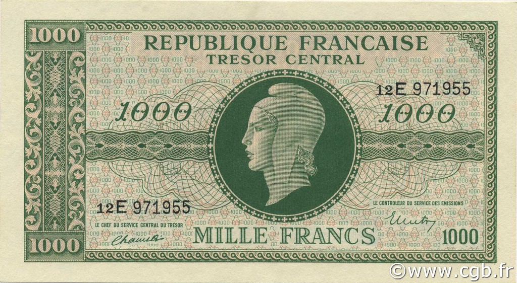 1000 Francs MARIANNE FRANKREICH  1945 VF.13.02 fST+