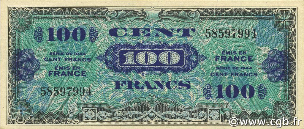 100 Francs DRAPEAU FRANCIA  1944 VF.20.01 FDC