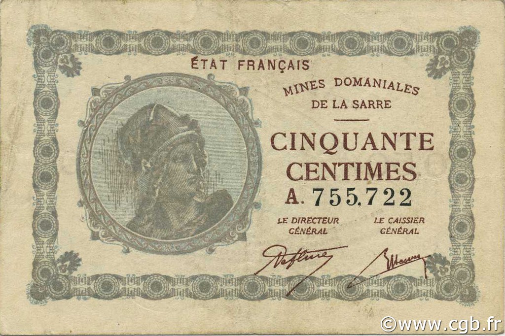 50 Centimes MINES DOMANIALES DE LA SARRE FRANKREICH  1920 VF.50.01 SS