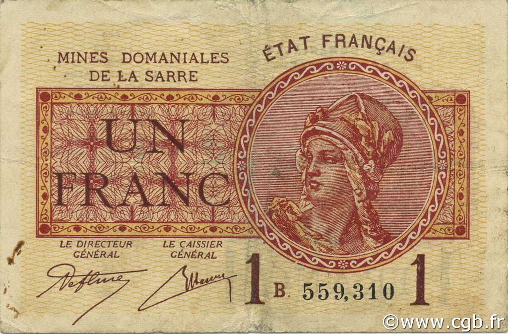 1 Franc MINES DOMANIALES DE LA SARRE FRANCIA  1920 VF.51.02 BB