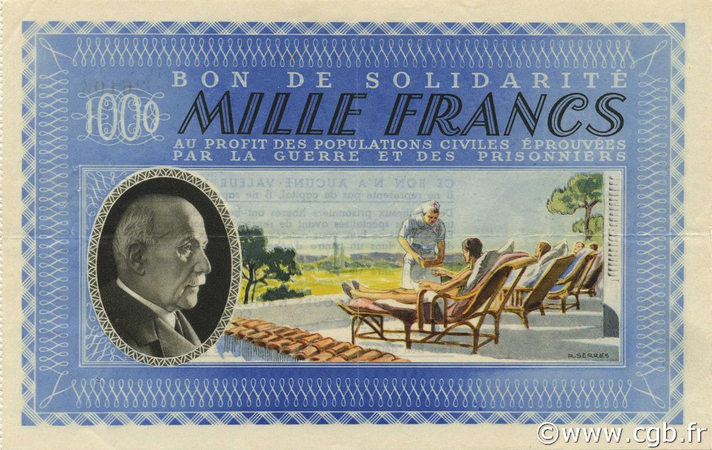 1000 Francs BON DE SOLIDARITE FRANCE Regionalismus und verschiedenen  1940  VZ
