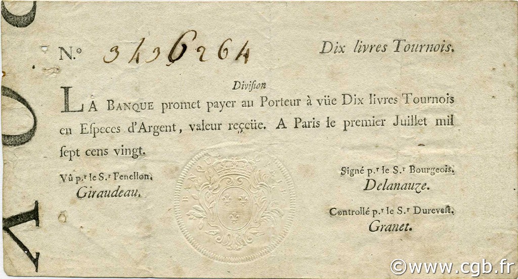 10 Livres Tournois typographié FRANCIA  1720 Laf.093 MBC+