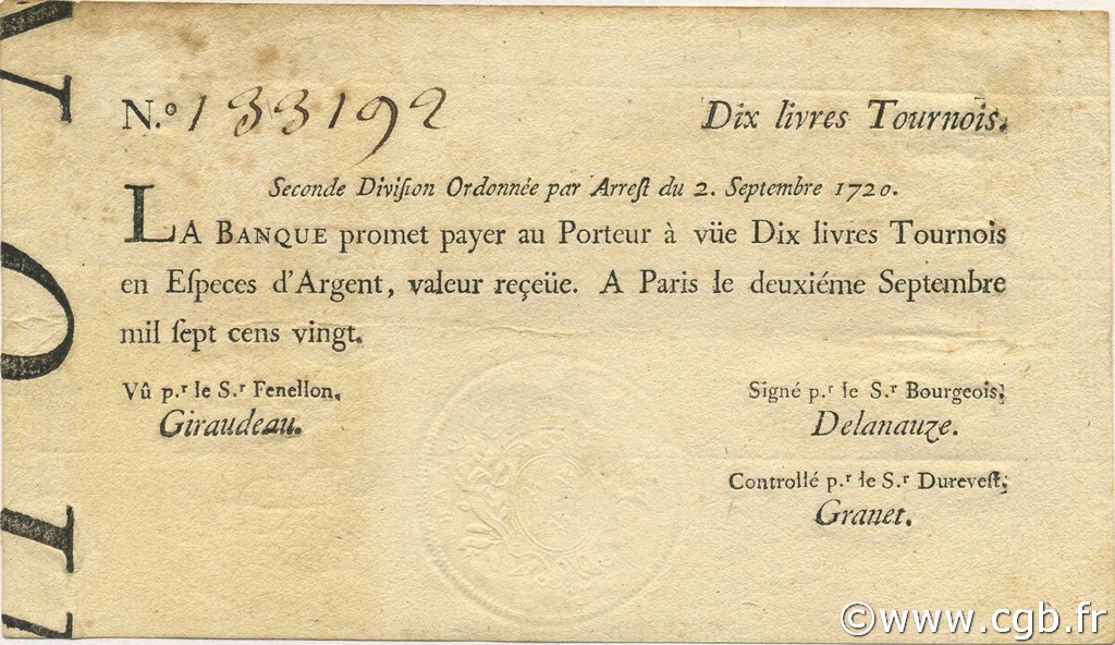 10 Livres Tournois typographié FRANCE  1720 Laf.095 XF-
