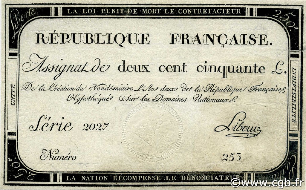250 Livres FRANCIA  1793 Ass.45a SPL+