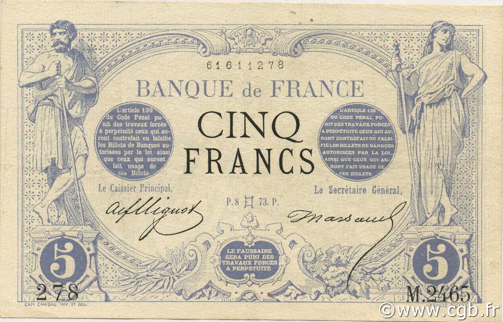 5 Francs NOIR FRANCE  1873 F.01.18 VF - XF