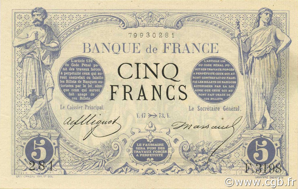 5 Francs NOIR Grand numéro FRANCIA  1873 F.01.23 AU