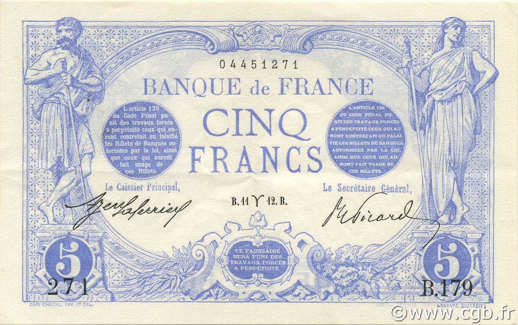 5 Francs BLEU FRANCE  1912 F.02.03 SUP+