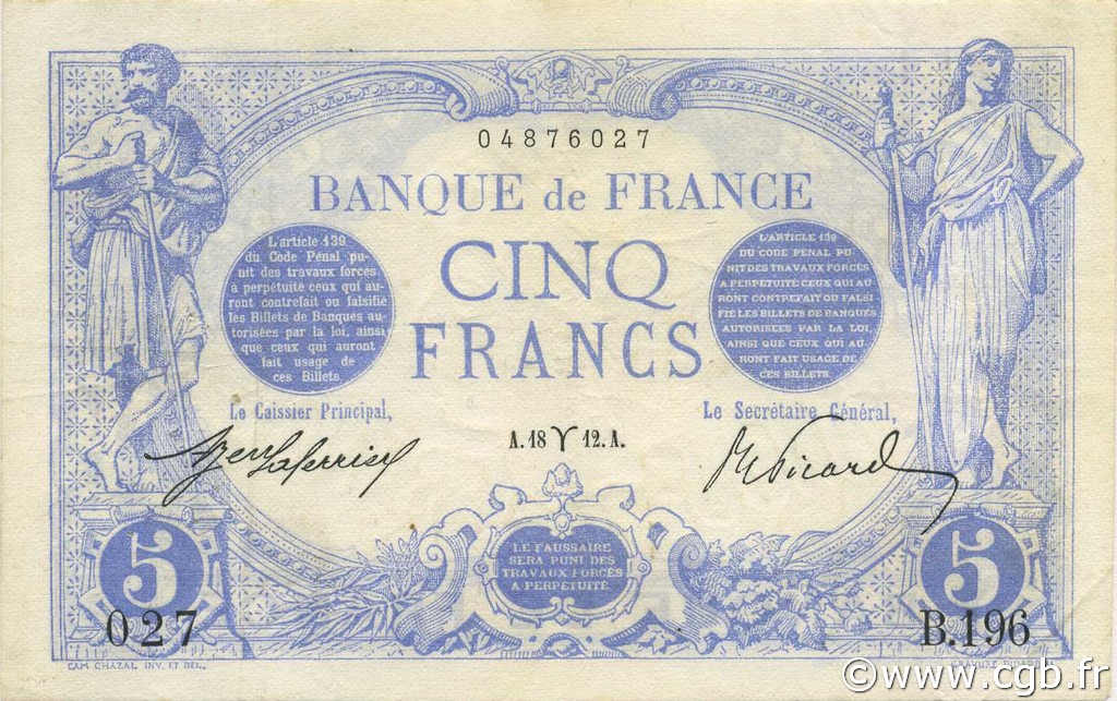 5 Francs BLEU FRANCIA  1912 F.02.03 MBC a EBC