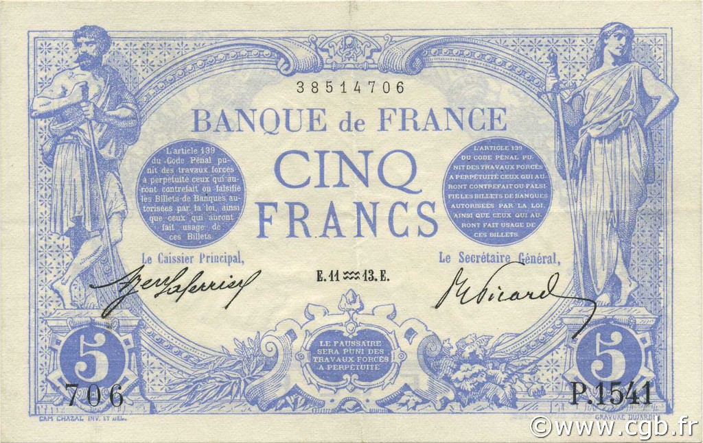 5 Francs BLEU FRANCIA  1913 F.02.13 SPL