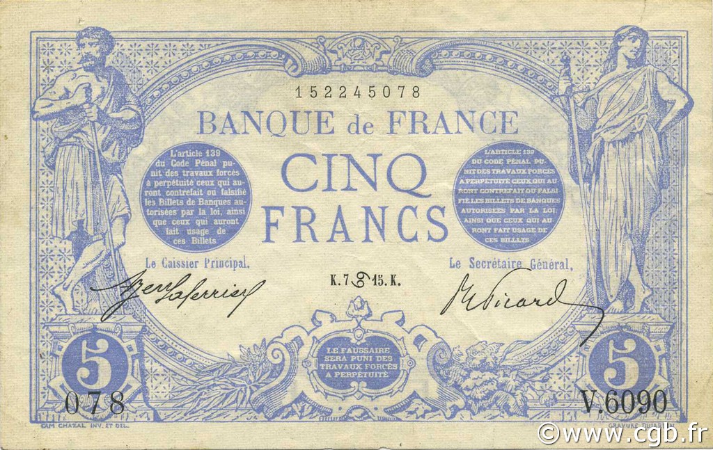 5 Francs BLEU FRANCE  1915 F.02.28 XF-