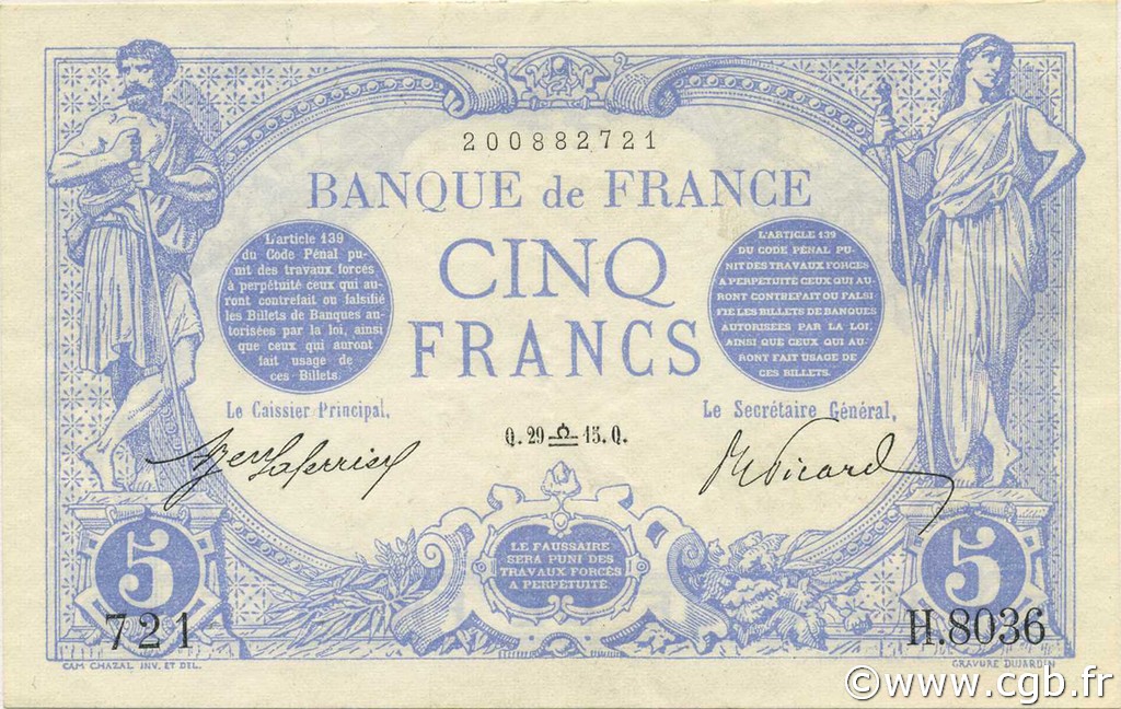 5 Francs BLEU FRANCIA  1915 F.02.31 SPL+